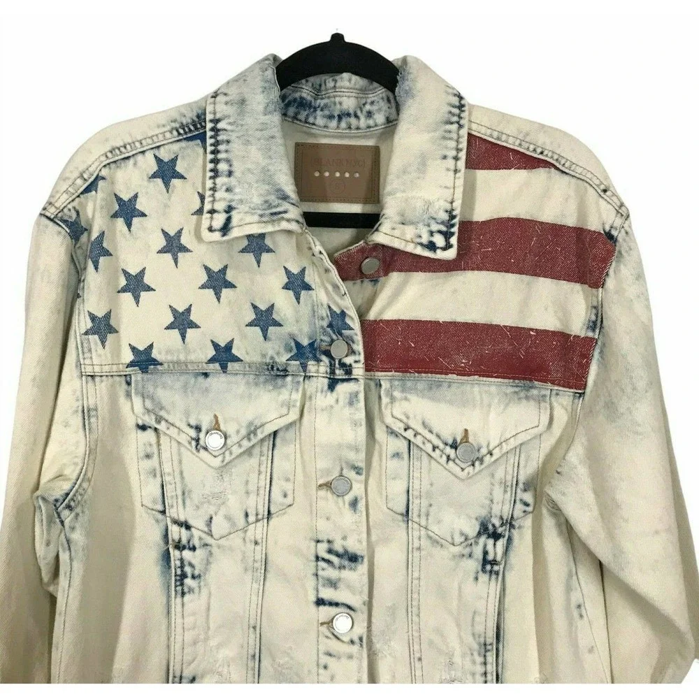 Blank NYC American Flag Red White Blue Distressed Button Denim Jacket Sz Small - Picture 6 of 12